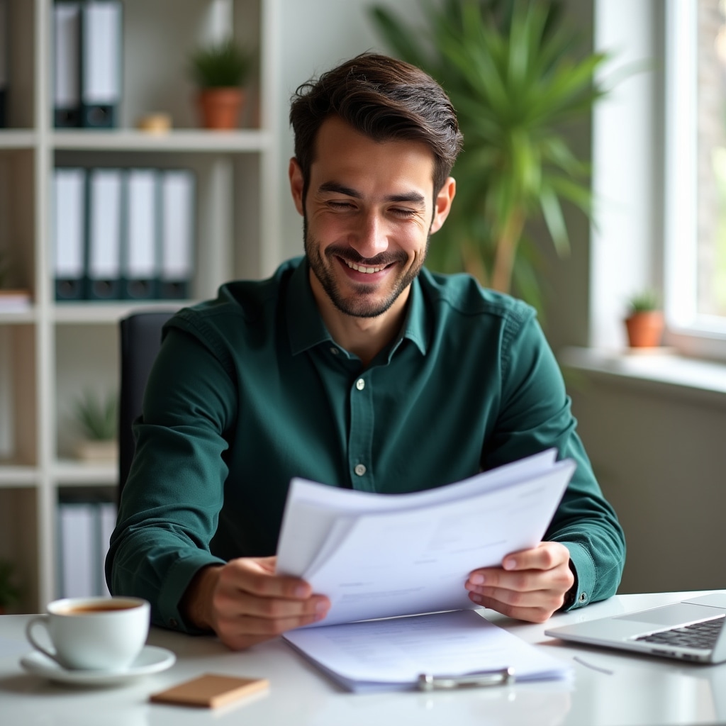 Accountant reviewing a clean, well-organised financial file at a desk in a modern office