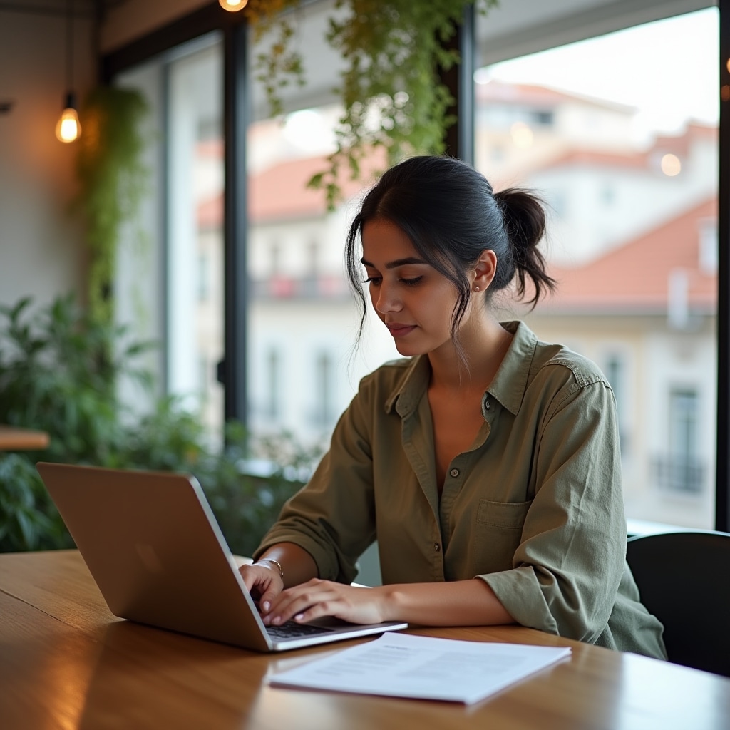 Freelancer working on laptop in a Portuguese café, managing their business documents