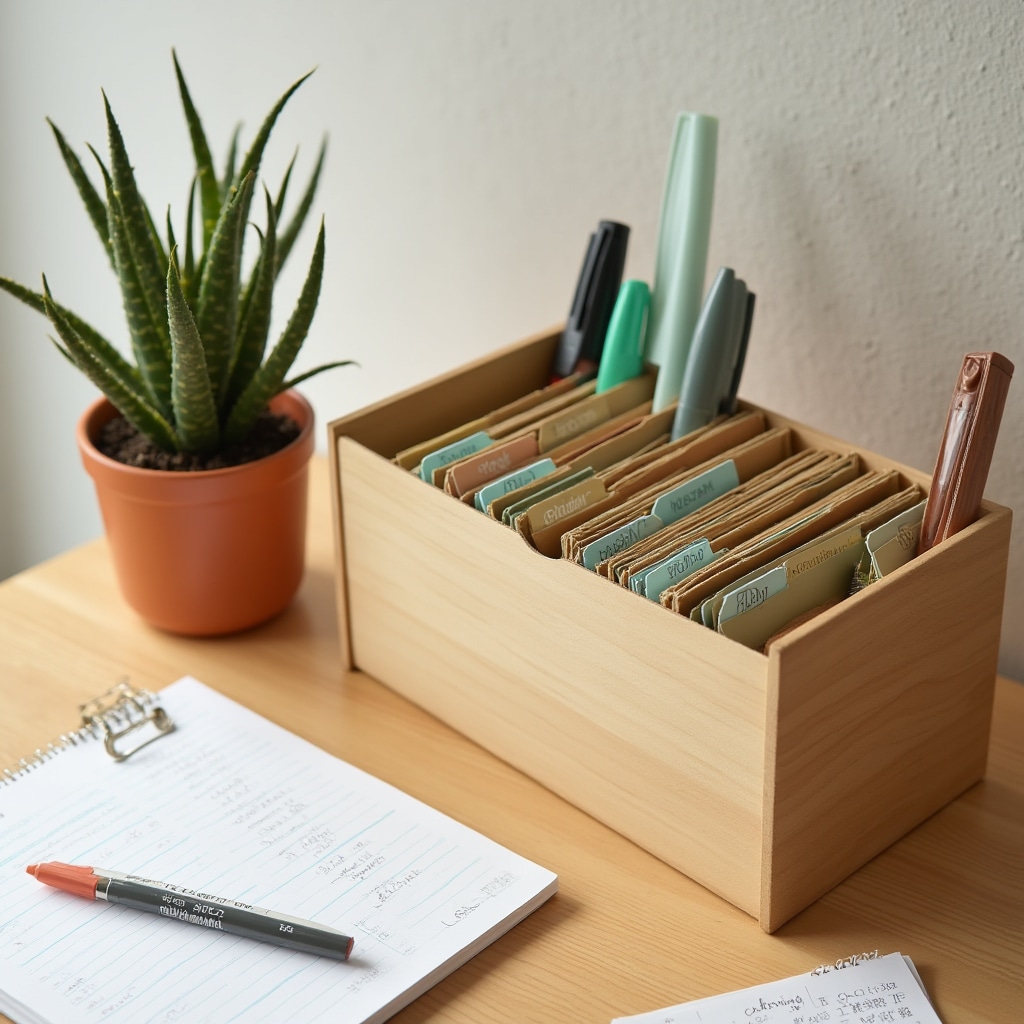 Neat filing system on a desk with labelled folders, pens and a laptop representing good record-keeping habits