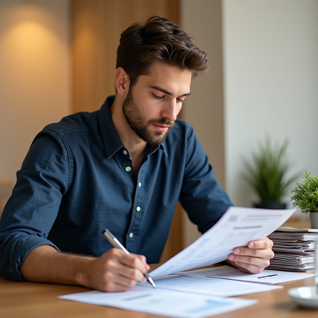 Sole trader reviewing financial documents at a desk in Portugal